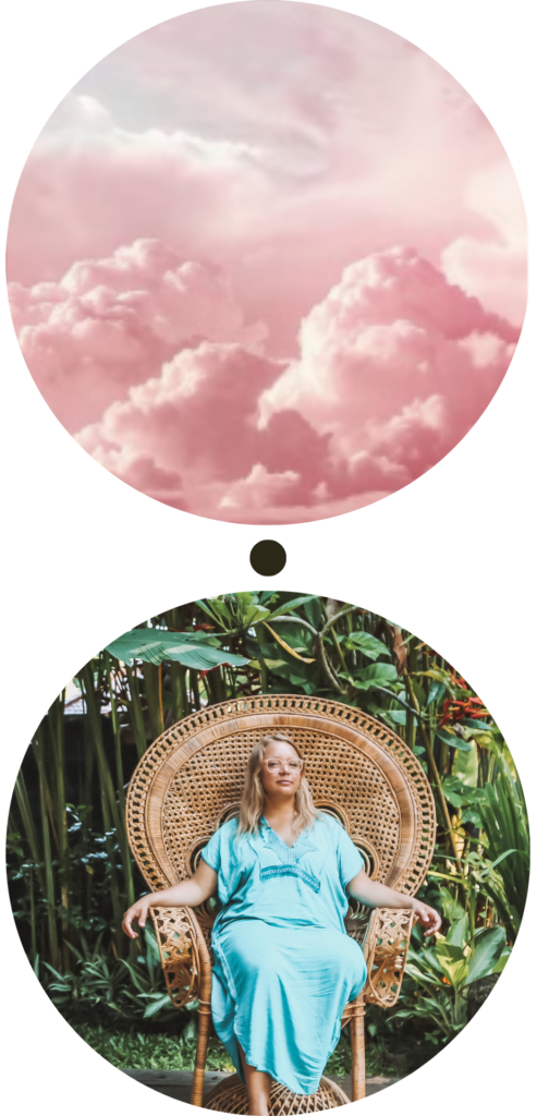 2 kreise design bild rosa wolken und valerie in großem stuhl